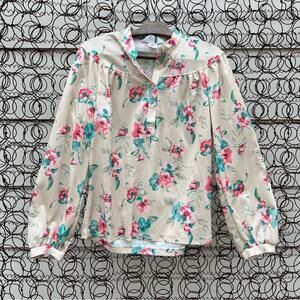 Vintage 60s DEVON butter cream pink green floral button down polyester blouse